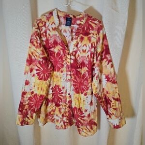 Basic Editions Red and Yellow Tie-Dye Button Down Shirt/Tunic